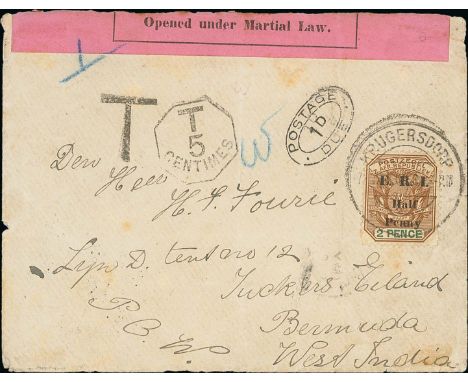 Postage Due Mail/Burgher Camp. 1902 Cover to Tuckers Island franked Transvaal ½d, reverse with violet oval "BURGHER CAMP, KRU