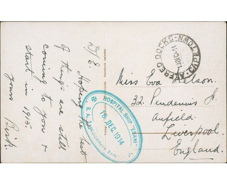 Ebani. 1914-19 Stampless postcards (6) and a cover all written on the ship, two cards of the ship with datestamps of Cape Tow