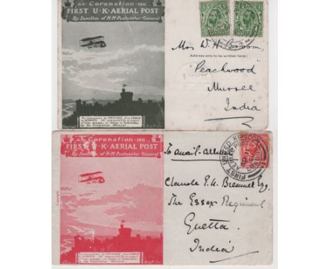 1911 First U.K Aerial Post, red envelope (Sep 11) and green card (Sep 9) flown from London to Windsor, both franked 1d to Ind