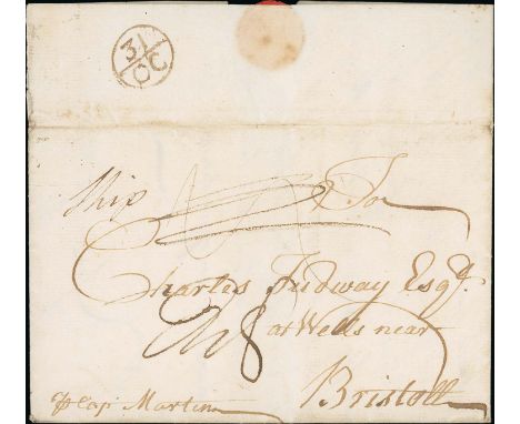 1765 (Aug 31) Entire letter from Antigua to Charles Tudway at Wells "p. Cap. Martin", endorsed "Ship" and charged 8d, with "3