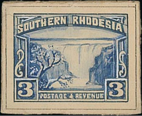1931 3d Handpainted essay depicting Victoria Falls, in blue and Chinese white, painted by Bradbury, Wilkinson's staff artist 