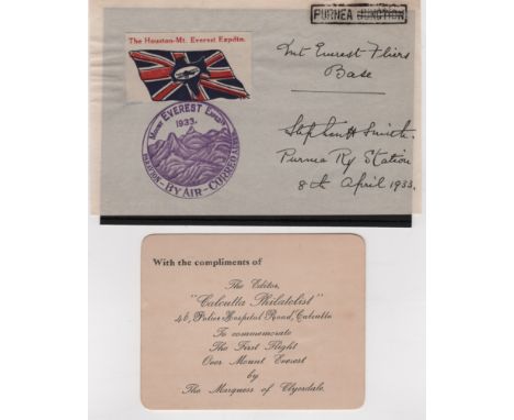 1933 (Apr 8) Houston Mount Everest Expedition, piece signed by Stephen Smith and inscribed in his handwriting "Mt. Everest Fl