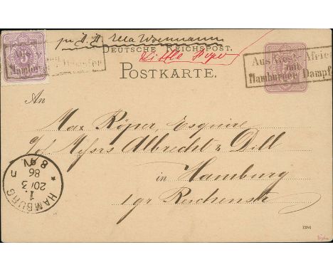 1886 (Feb 1) 5pf Postcard franked 5pf, written from Grand Popo to Germany endorsed "per S.S. Ella Woermann", red manuscript "