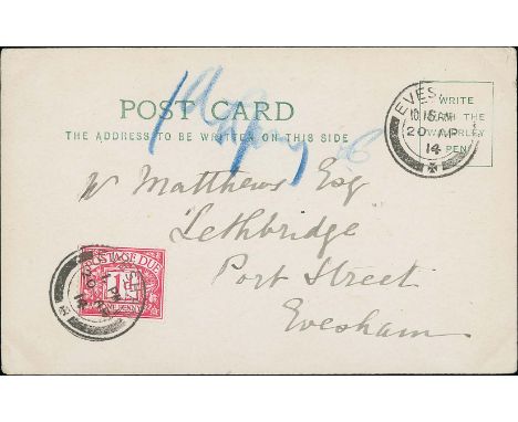 Due Stamps - First Day Covers. 1914 (Apr 20) Unpaid postcard posted within Evesham bearing a 1d postage due stamp; and a piec