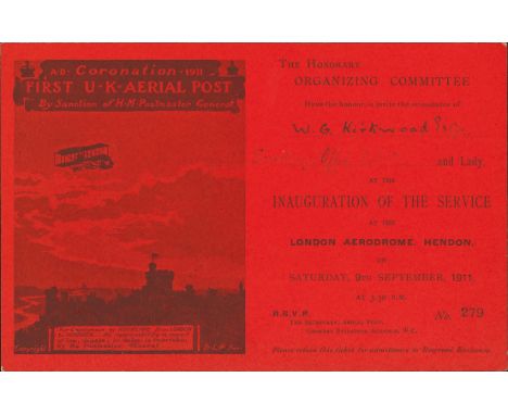 1911 (Sep 9) Invitation to the inauguration of the service at the London Aerodrome, Hendon, printed on red card with the Firs