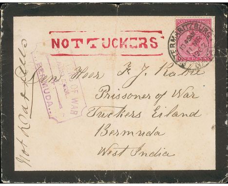 1902 Mourning envelope from Natal to Tuckers Island franked 1d, violet boxed "Prisoners Of War / Passed Censor / 4 / Bermuda"