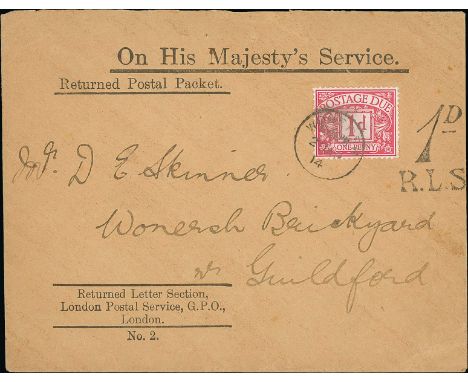 Due Stamps - First Day Cover. 1914 (Apr 20) O.H.M.S Returned Postal Packet envelope from London to Wonersh brickyard with "1d