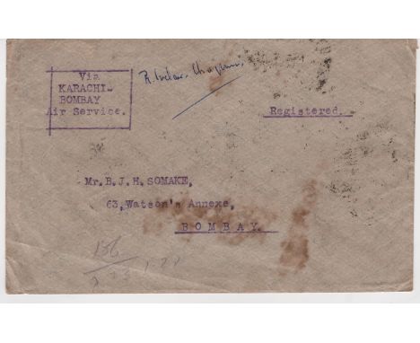 1920 (Jan 23) Karachi to Bombay experimental air service, registered cover carried on the first flight with 3p block of four,
