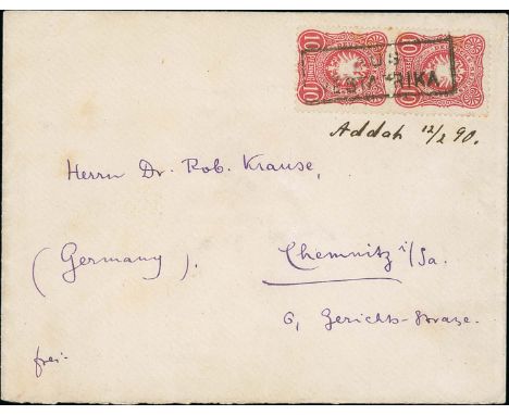 1890 Cover to Germany with Germany 10pf vertical pair cancelled boxed "AUS / WESTAFRIKA", manuscript "Addah 12/2 90" written 