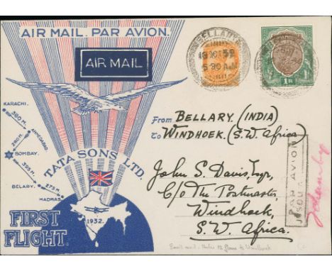 1932 (Oct 15/18) Tata Sons Ltd, Karachi to Madras route, official Tata first type flight covers with a Union Jack on map of I