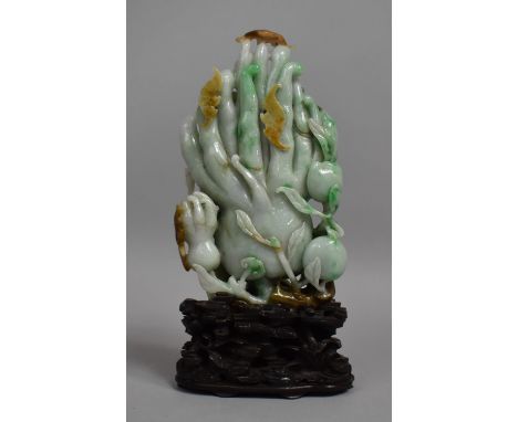 A Carved Chinese Item, Buddhas Hand with Bats, Peaches and Leaved Branches on Carved Wooden Stand, 26cms High 