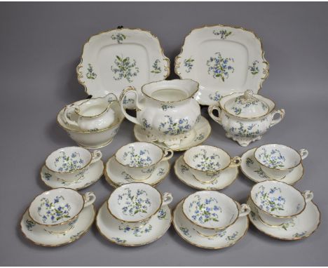 A 19th Century Tea Set Decorated with Forget-Me-Not Flowers and Gilt Trim and Highlights, to copmrise Two Cake Plates, Slop B