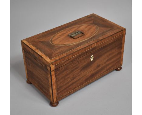 A Regency Inlaid Mahogany Tea Caddy of Sarcophagus Form having Hinged Lid to Two Inner Tea Boxes and Central Glass Mixing Bow