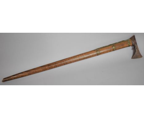 A Polish Ciupaga or Shepherd's Walking Stick with Axe Form Head on Brass Mounted Poker Work Haft. Ground spike Missing. 77cms