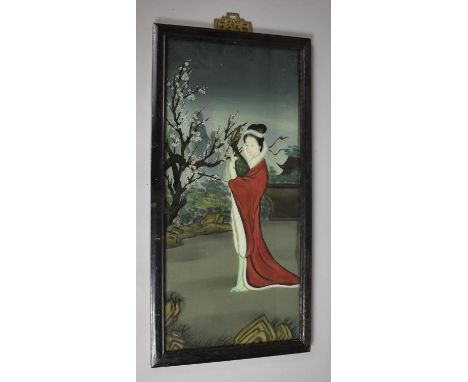 A Chinese Reverse Painted Full Length Portrait of Maiden with Vase of Flowers, Mid 20th Century. 64x29cms