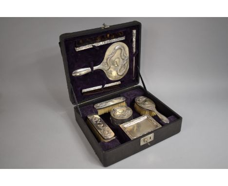 A Cased Chinese Export Silver Dressing Table Set, Comprising Mirror, Brushes, Two Combs, Button Hook, Circular Lidded Pot and