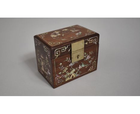 A Chinese Harwood Mother of Pearl Inlaid Tea Caddy Box Decorated with Fauna, Native Squirrels, Bats and Birds in Branches, Ge
