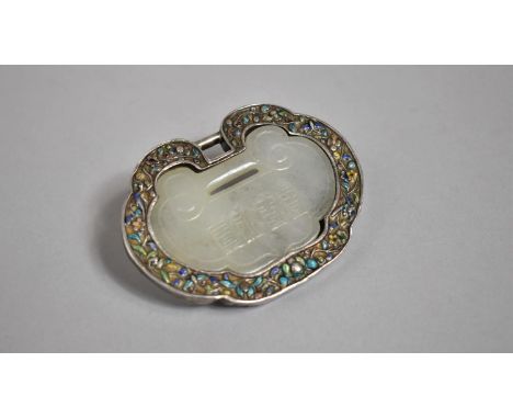 A Chinese White Jade, Silver and Champleve Enamel Pendant Item with Carved Floral Design and Character Marks, 8cm Wide