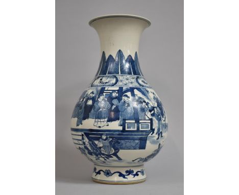 A Large Chinese Porcelain Reproduction Blue and White Vase Decorated with Court Hunting Party Scene, Four Character Mark to B