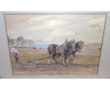 J K MAXTON Ploughman with pair of Shires, signed, watercolour, 35 x 47cm and NORMAN EDGAR Gourock, signed, print, 53 x 56cm (