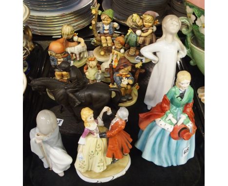 Seven Hummel figures, Paragon Lady Camille, resin figure of a jockey on racehorse and other items