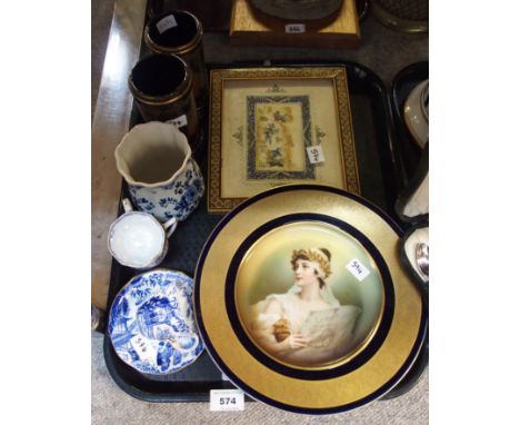 A Rosenthal plate printed with a maiden, three Royal Crown Derby coffee cups and saucers, Indian painting and other items