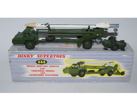 A Dinky 666 Missile Erector Vehicle with Corporal Missile and Launching Platform, Dinky 661 Recovery Tractor, Dinky 665 Hones