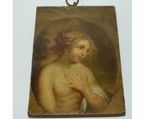A portrait of a young lady, oil on panel, 15 x 10cm, print of Queen Victoria and silk panel, damaged (3) Gilbert Telfer Colle