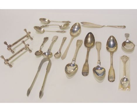 A lot comprising assorted silver teaspoons, salt spoons, caddy spoon and EP knife rests