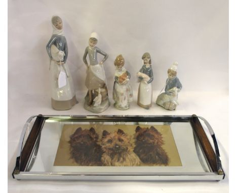 A chrome handled tray with terrier print decoration together with five Nao figures (6)