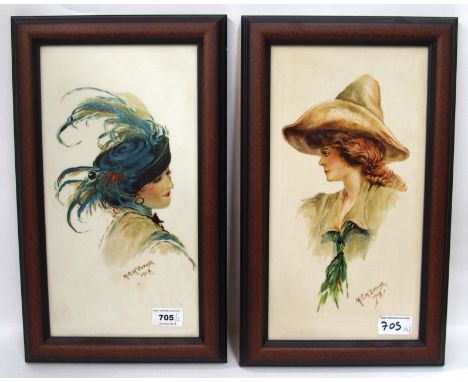 A pair of painted portrait panels signed M. P. McIntosh 1913, 37.5cm high in frames