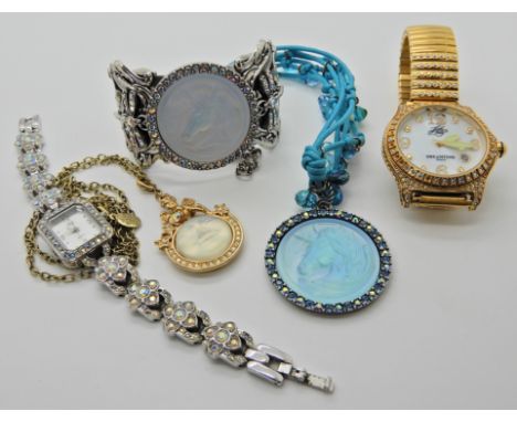 A Kirks Folly Unicorn bangle and pendant, moonface pendant, and two watches