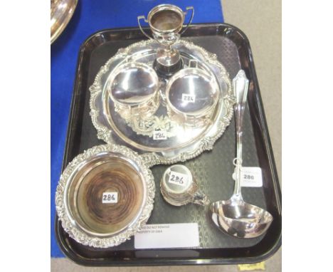 A tray lot of EP - salver, wine coaster, soup ladle etc