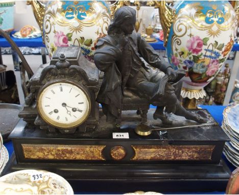 A black slate and marble mantle clock with spelter figure and clock face, 53cm long Gilbert Telfer Collection, Edinburgh