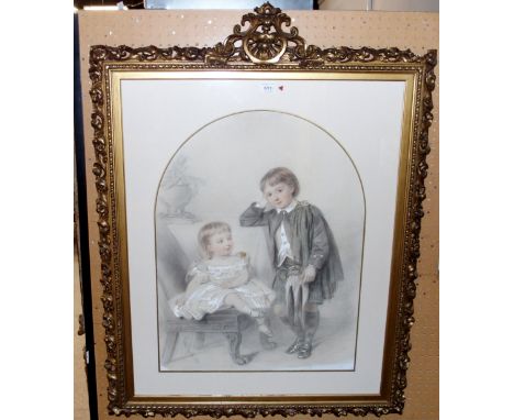 EDMUND HAVELL Portrait of two children, signed, watercolour and pencil, dated, 1872, 59 x 45cm and M WISHART Girl with basket