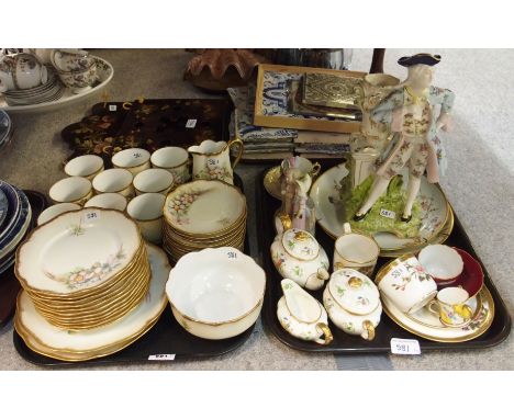 A lady artist hand painted Rosenthal teaset, decorated with flowers, Cauldon Ware three piece teaset, continental figure, pai