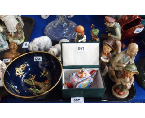 A Trade Aid enamelled teapot, Hummel figures, Carlton Ware bowl and other items