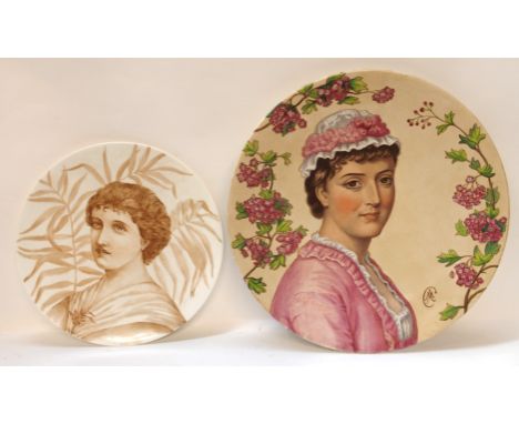 A Worcester charger painted with a portrait of a maiden titled 'Mary' by M Austin Carter together with another portrait paint