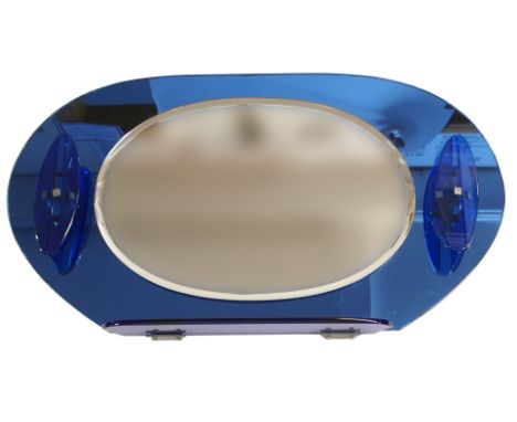 A 1960's Italian blue glass bathroom wall mounted mirror with twin lights PLEASE NOTE: THE SHELF IN THE PHOTOGRAPH IS NOT INC