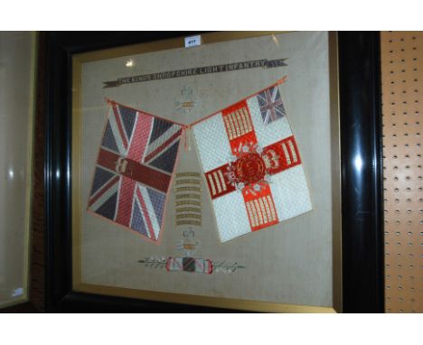 An embroidered King's Shropshire Light Infantry battle military campaign/honours panel, framed and glazed, 66 x 73cm overall