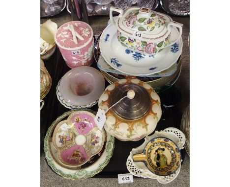 A Royal Worcester jar (chipped to rim) with a silver lid, a painted New Hall sucrier, blue and white Meissen plate painted wi