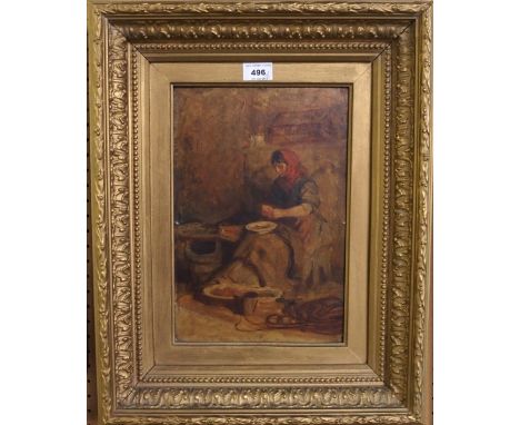 CONTINENTAL SCHOOL Woman preparing food, oil on board, 32.5 x 22cm and portrait of a gentleman, oil on panel, 22 x 19cm (2) G