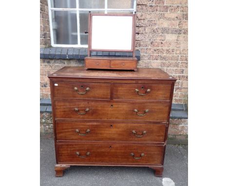 A GEORGE III MAHOGANY CHEST OF DRAWERS on shaped bracket feet 107cm wide (2 feet detached, other damage) and a box-base toile