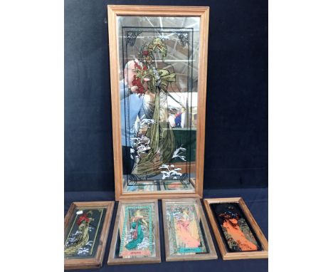 A GYPSY MIRROR - SPRING 77cm x 34cm, in oak frame, and four smaller similar, all in oak frames