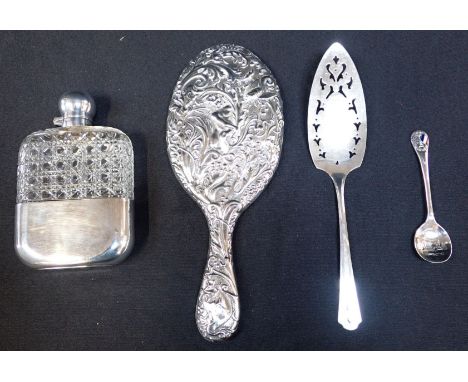 CRYSTAL AND SILVER PLATE HIP FLASK with a dressing table hand mirror, cake slice and spoon. 