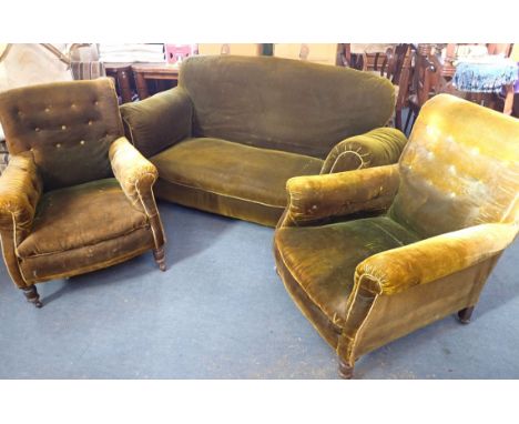A MATCHED THREE-PIECE LIVING ROOM SUITE early 20th century, including a sofa, 165cm wide, and a pair of armchairs, with turne