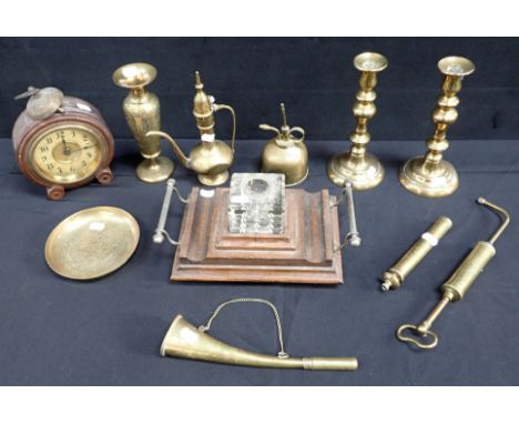 A VICTORIAN OAK INKSTAND, 1920s ALARM CLOCK (for restoration) and a collection of brass ware