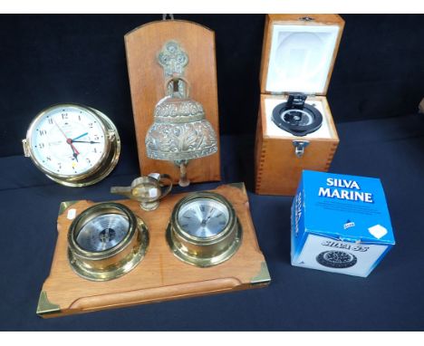 ASCHATZ BULKHEAD CLOCK, A BRASS BELL AND WALL BRACKET a cased 'Carac' compass, and similar items