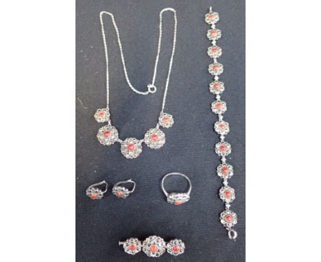 A MARQUISITE AND CORAL SUITE OF JEWELLERY comprising necklace, bracelet brooch earrings and ring, stamped "935"
