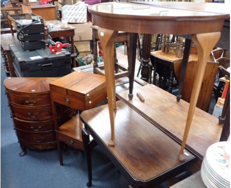 A SMALL COLLECTION OF FURNITURE including a George II style mahogany card table, 74cm high, a demi lune console table, 74cm h